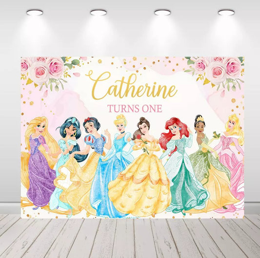 Disney Princess Pink Floral Gold Glitter Girls 1st Birthday Backdrop