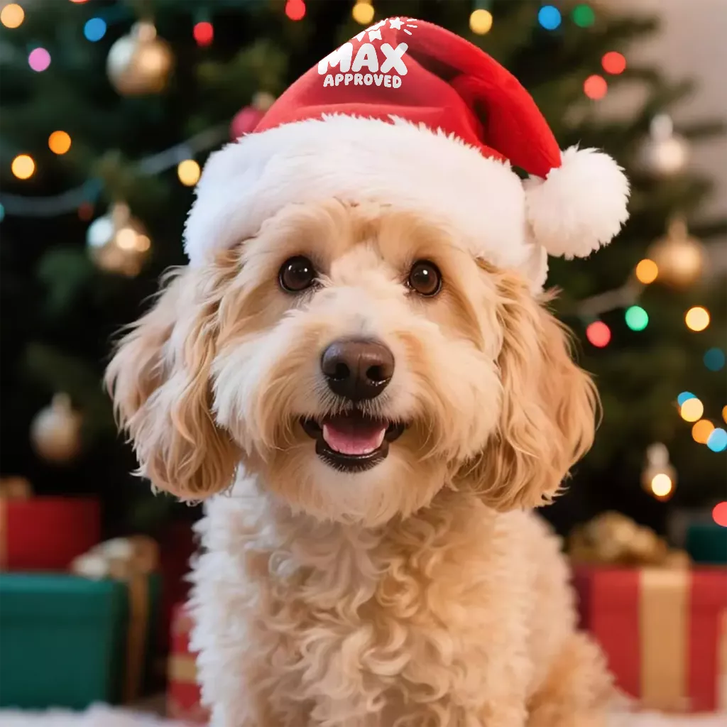 Fluffy doodle dog wearing a custom name Christmas Santa hat with a festive Nice List Approved design.