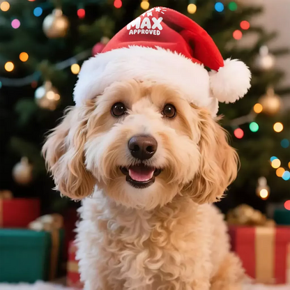 Fluffy doodle dog wearing a custom name Christmas Santa hat with a festive Nice List Approved design.