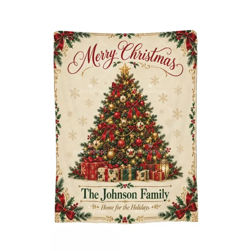 Elegant custom family Christmas blanket featuring Merry Christmas lettering, a decorated tree, gift boxes and personalized family name.