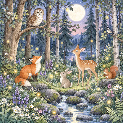 Twilight Owl Woodland Shower Curtain with Metal Roller Ball Hooks, 72 x 72 in