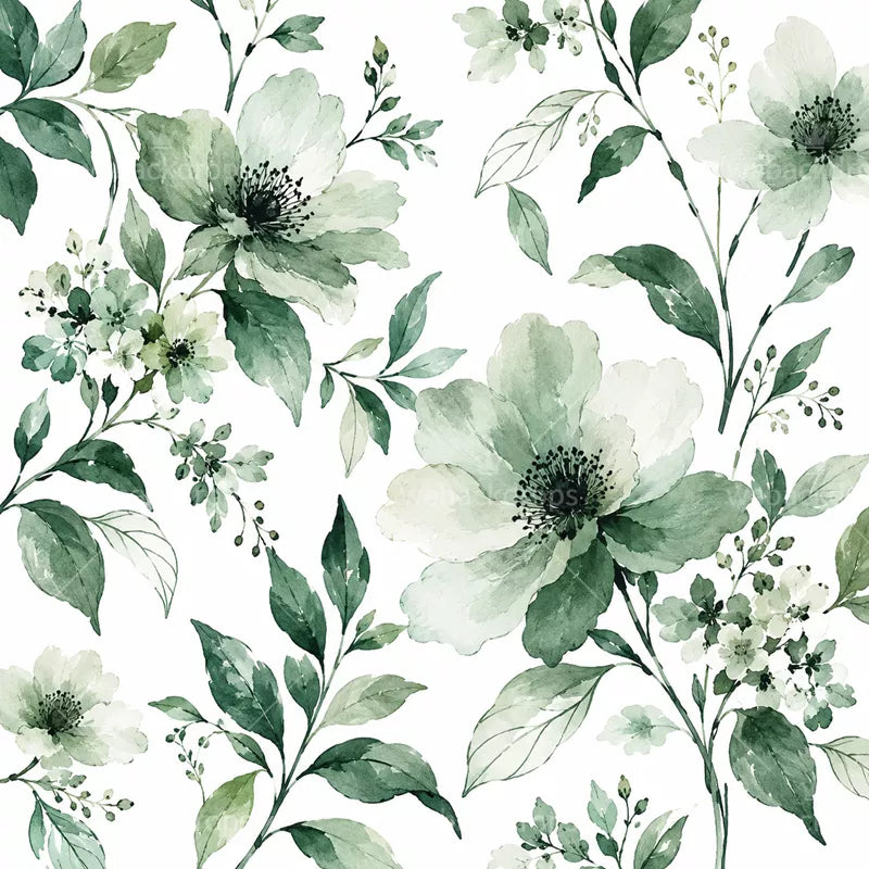 Sage Green Watercolor Floral Shower Curtain with Metal Roller Ball Hooks, 72 x 72 Inch