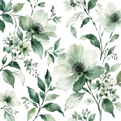 Sage Green Watercolor Floral Shower Curtain with Metal Roller Ball Hooks, 72 x 72 Inch