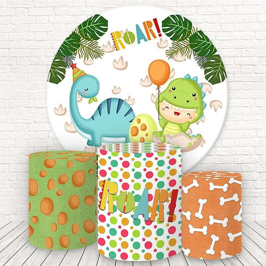 Cute Dinosaur Kids Baby Shower 1St Birthday Round Circle Backdrop Party