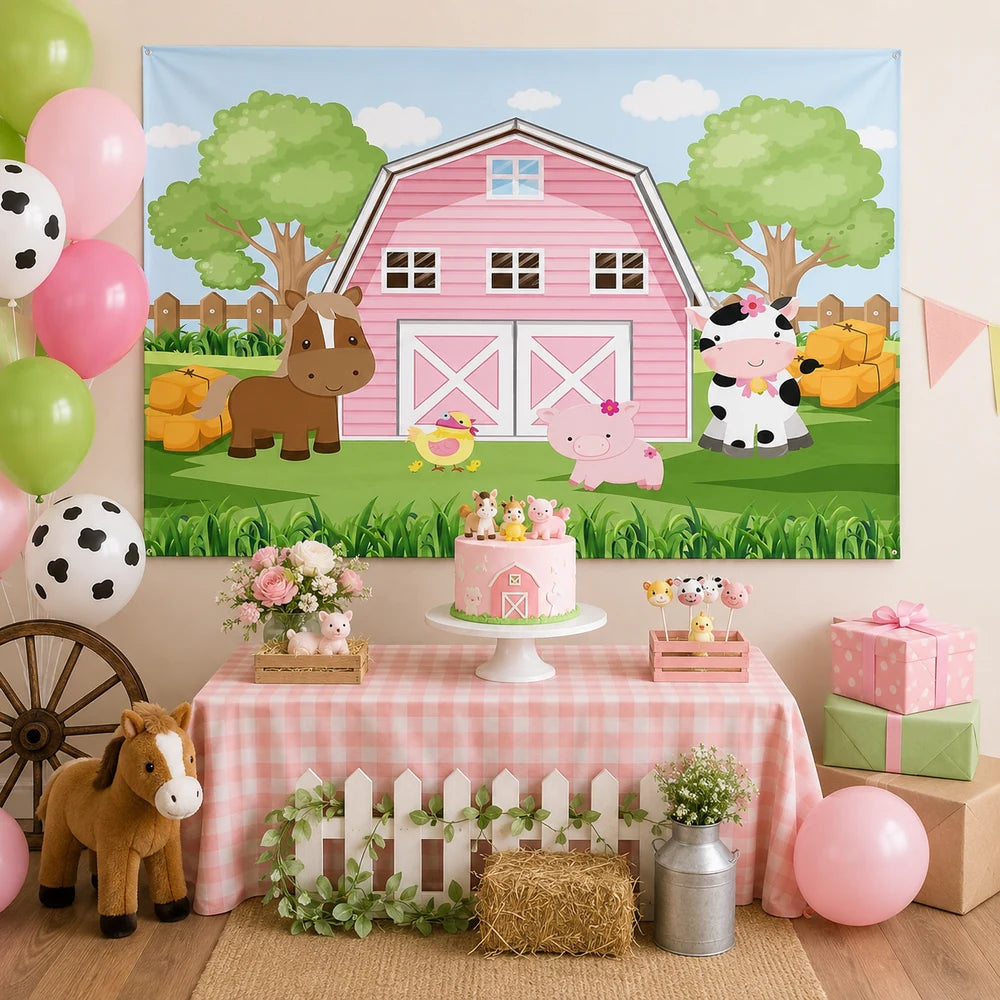 Farm animals pink barn backdrop with cow, horse, pig and chick for a kids farm themed birthday party.