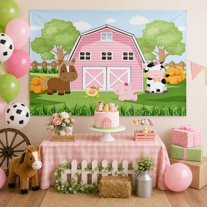 Farm animals pink barn backdrop with cow, horse, pig and chick for a kids farm themed birthday party.
