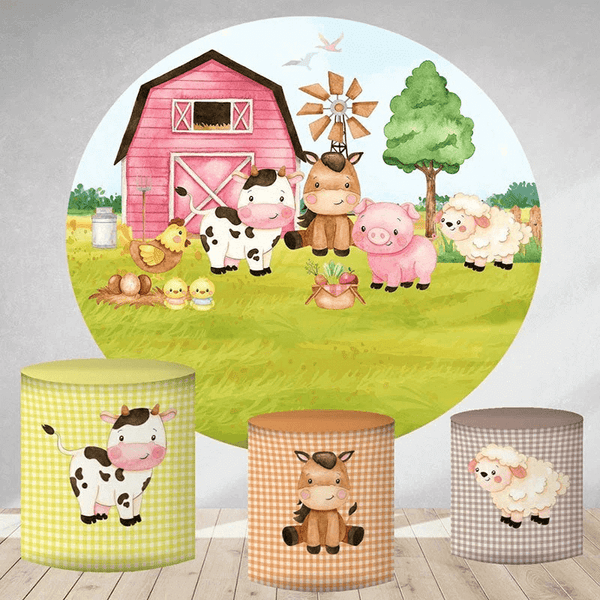 Cute Farm Animals Party Round Backdrop with Cylinder Covers – webackdrops