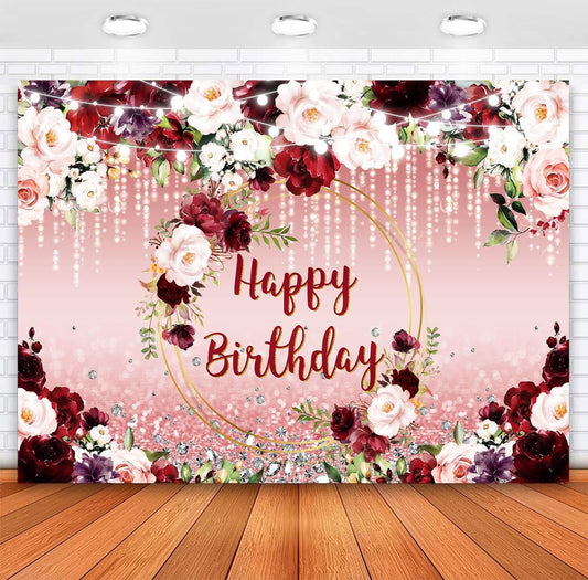 Fondo floral de feliz cumpleaños con flores color burdeos, fondo para fotografía de boda, fiesta