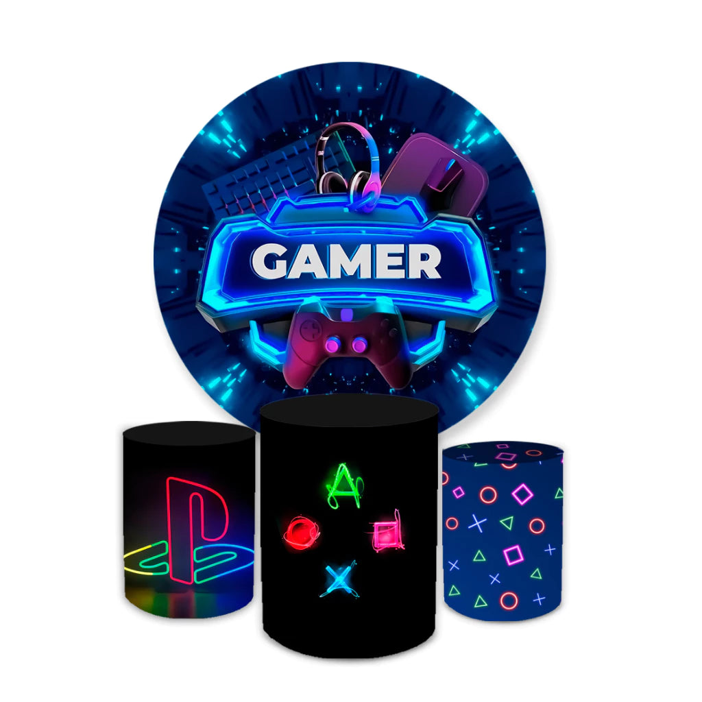 Gamer Round Background Neon Light Party Decor