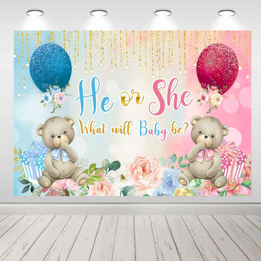 Bear Gender Reveal Backdrop Boy Or Girl Photography Background Party