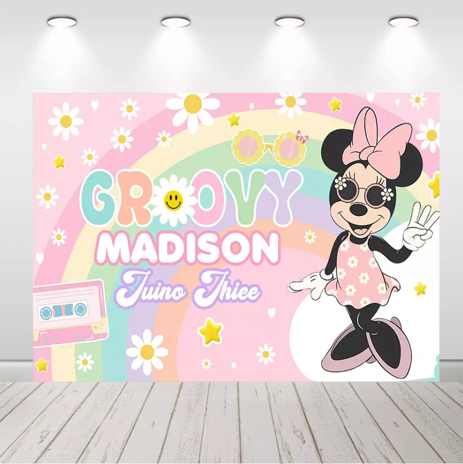 Groovy Minnie Mouse Birthday Backdrop Rainbow Daisy Hippie Girl Baby Shower Photo Banner