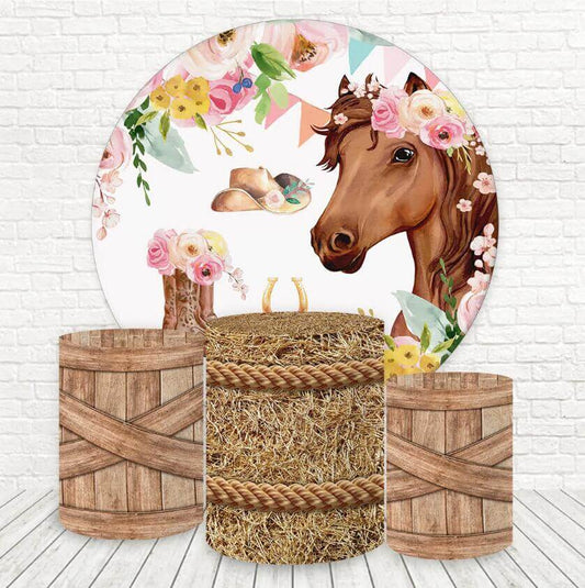 Brick Wall Horse Western Cowboy Round Backdrop And Cylinder Covers Party