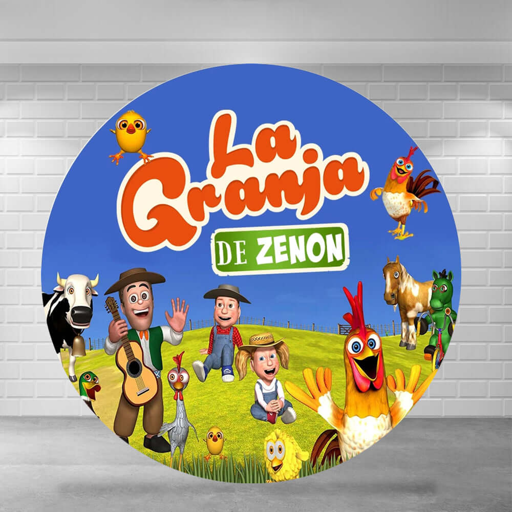 Fond de cercle rond de ferme La Granja De Zenon pour fête d'anniversaire d'enfants