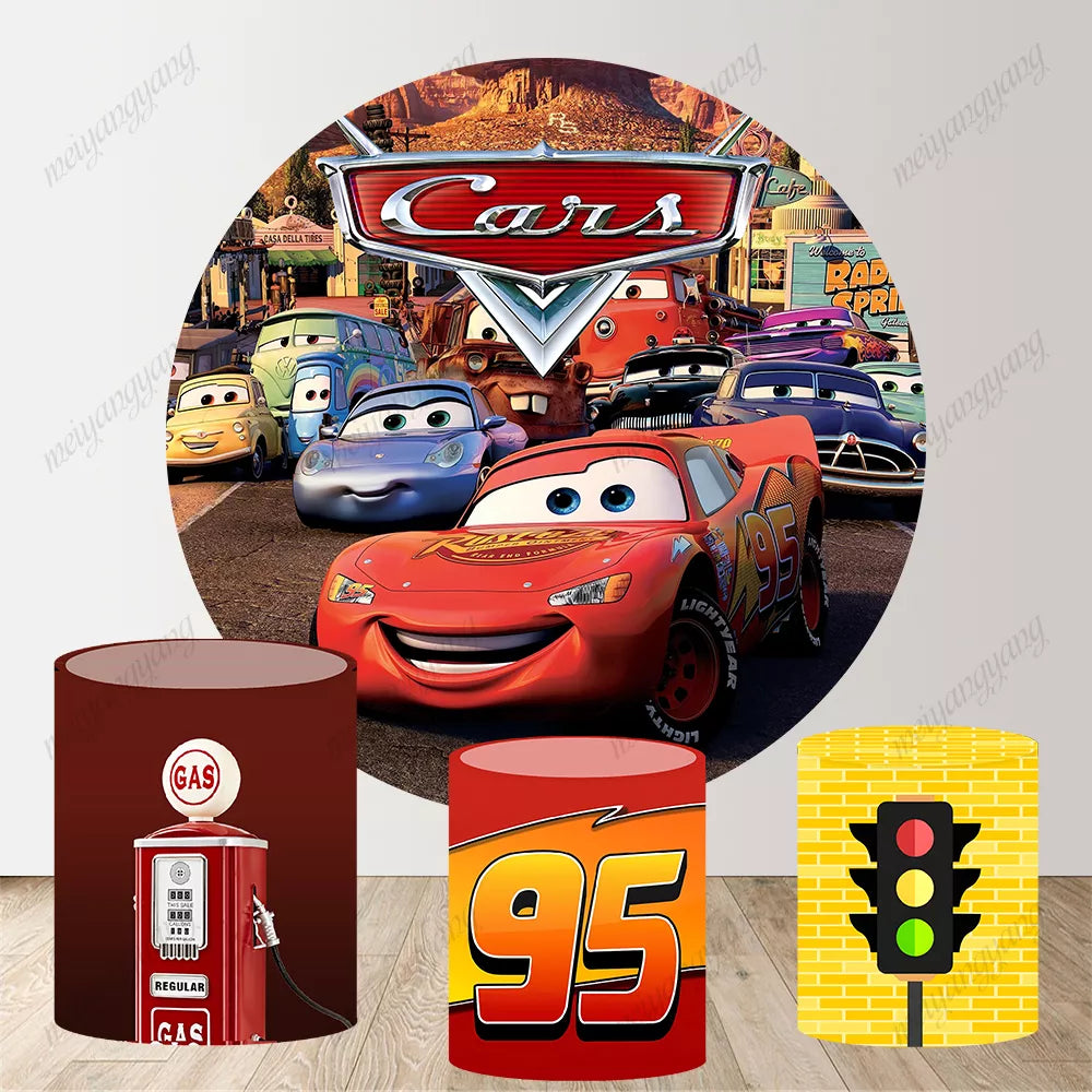 Lightning McQueen Gas Pump Traffic Light Racing Round Backdrop