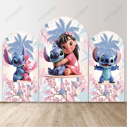 Lilo and Stitch Arched Backdrop Tropical Floral Photo Background for Girls Birthday