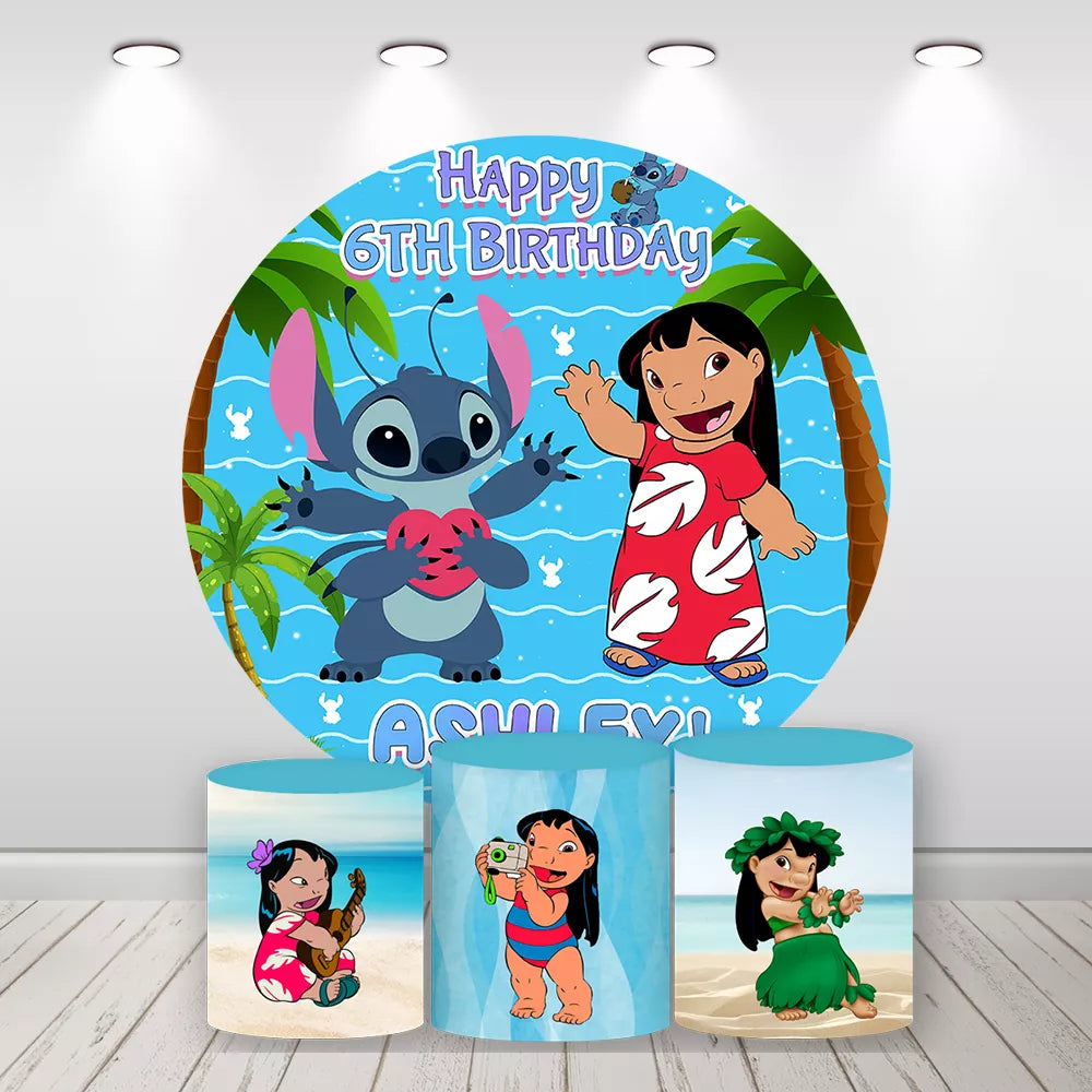 Lilo and Stitch Round Backdrop Tropical Beach Photo Background for Kids Birthday