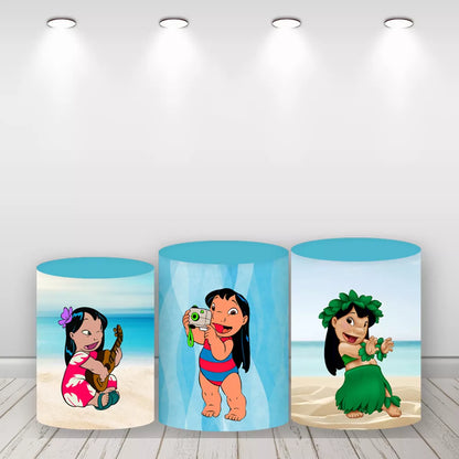 Lilo and Stitch Round Backdrop Tropical Beach Photo Background for Kids Birthday