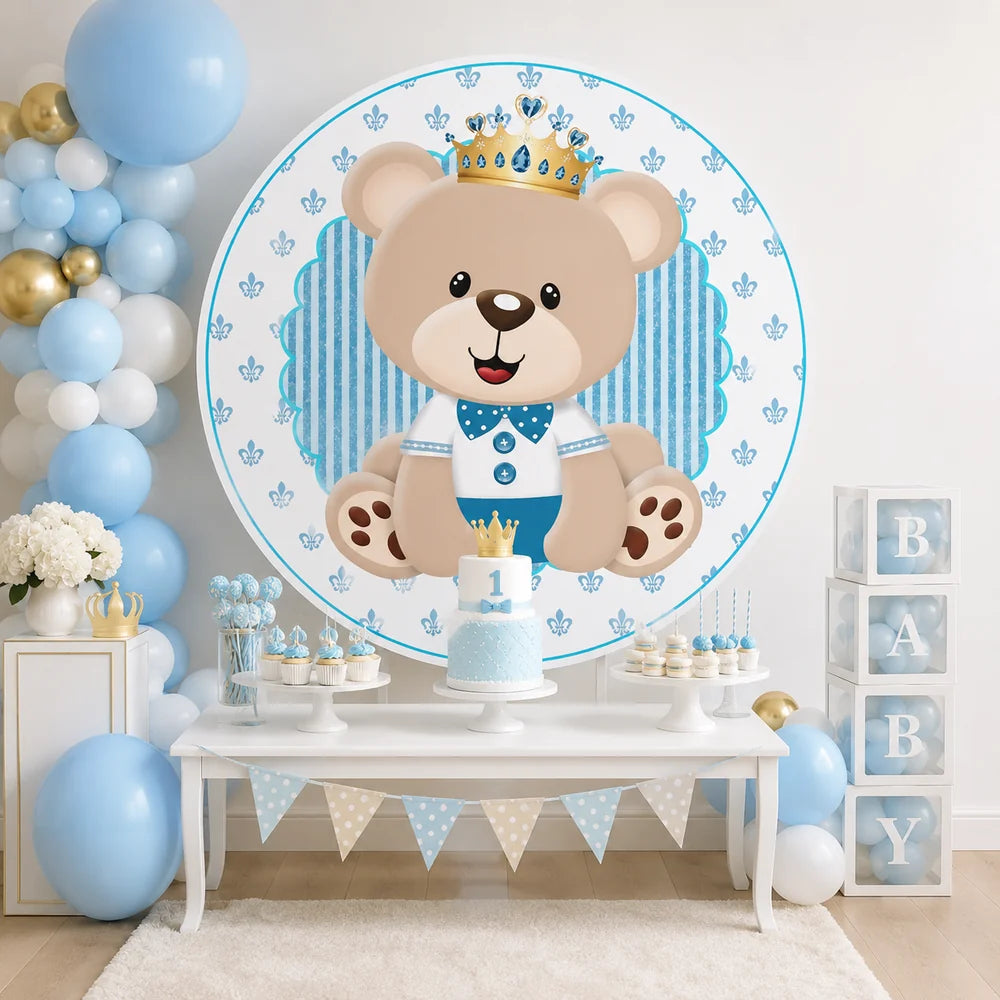 Cartoon Bear Boys Baby Shower Birthday Party Round Backdrop Cover