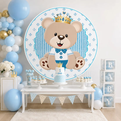 Cartoon Bear Boys Baby Shower Birthday Party Round Backdrop Cover