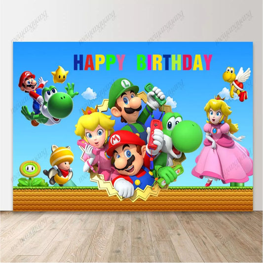 Mario Bros All Characters Party Background Kids Birthday Photo Booth Banner