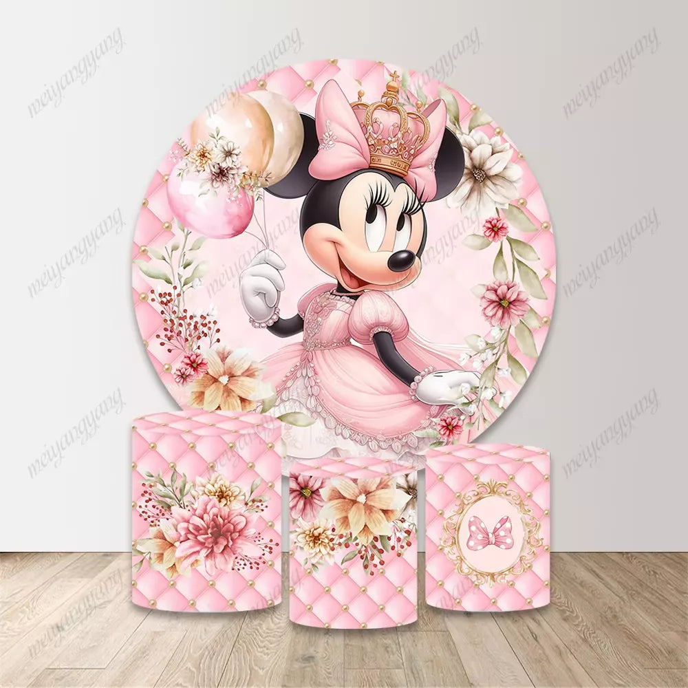 Minnie Mouse Pink Flowers Circle Covers Round Photo Backdrop