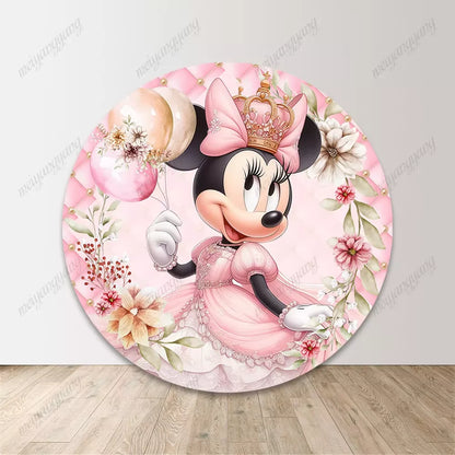Minnie Mouse Pink Flowers Circle Covers Round Photo Backdrop