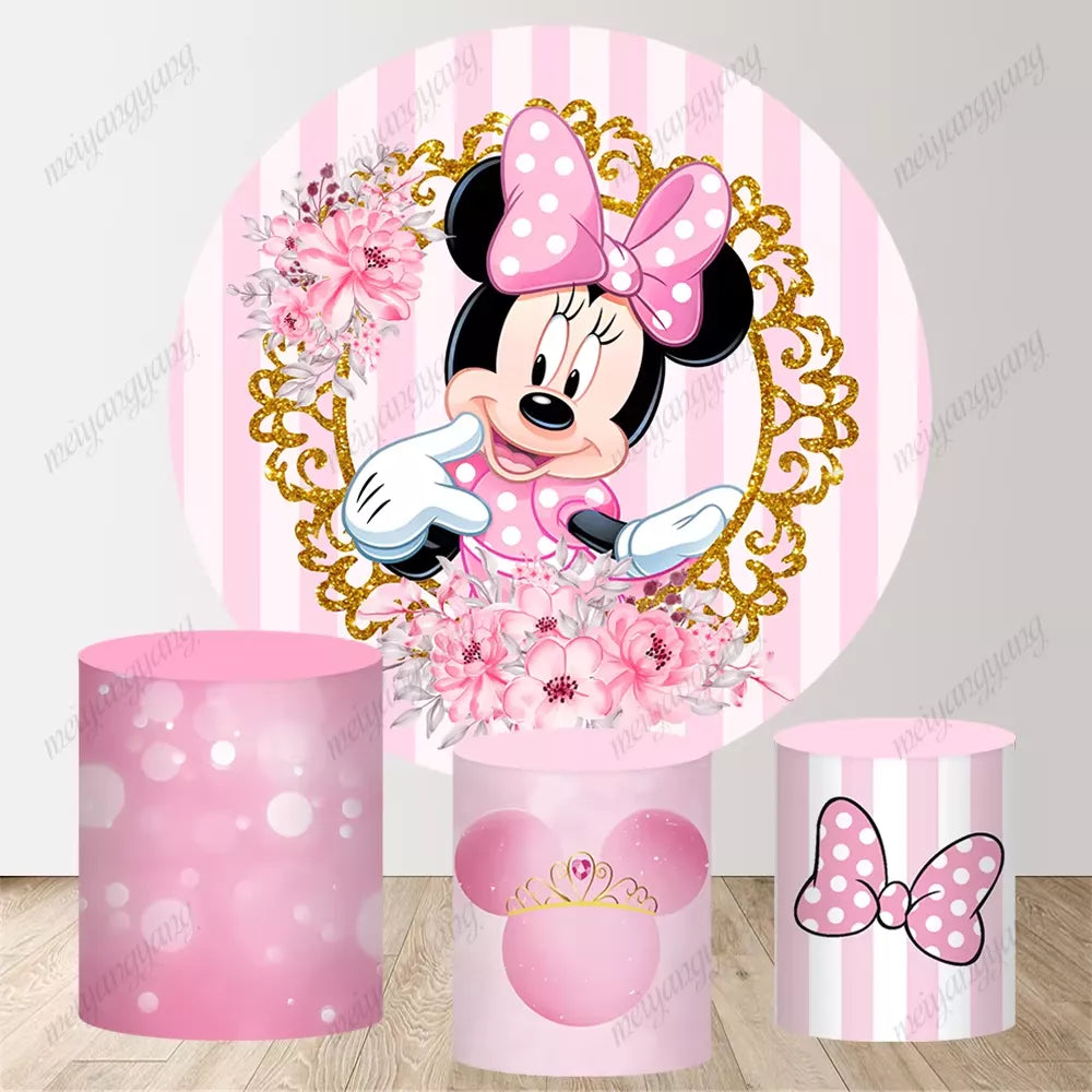 Minnie Mouse Round Backdrop Flower Girls Birthday Party Decoration
