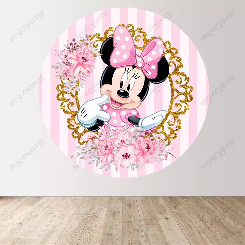 Minnie Mouse Round Backdrop Flower Girls Birthday Party Decoration