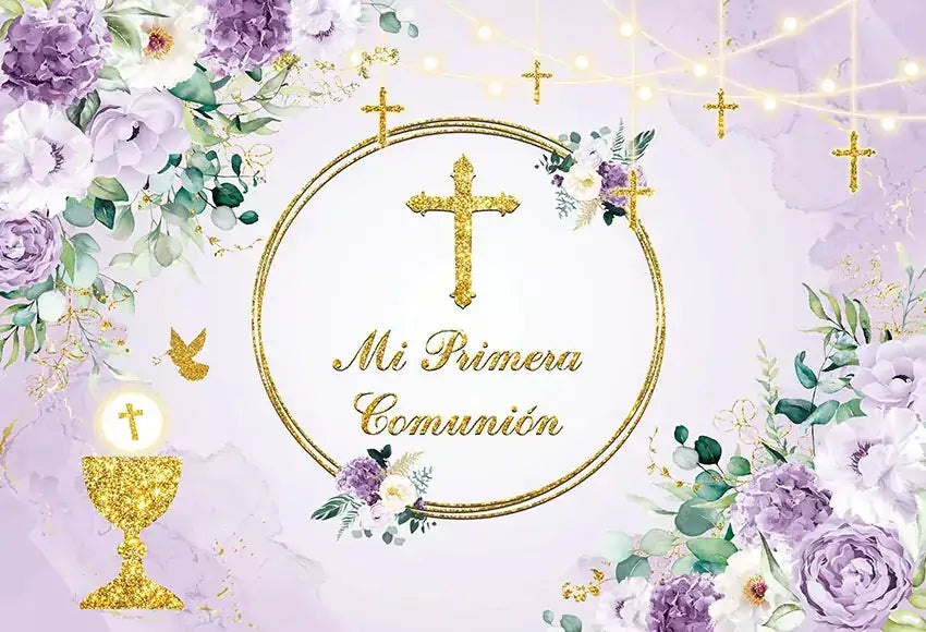 My Primera Comunión Baptism First Holy Communion Cross Purple Flowers Newborn Backdrop