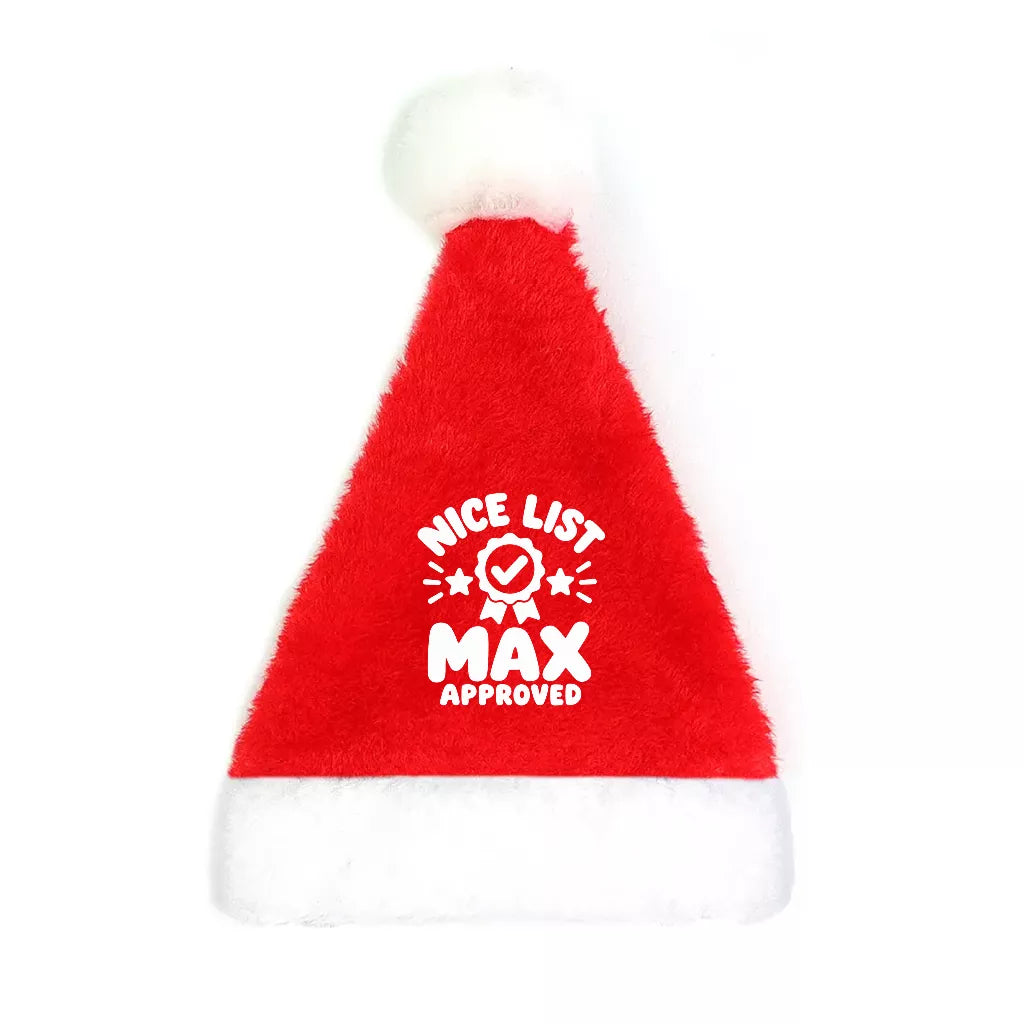 Personalized red pet Santa hat featuring a Nice List Approved badge design with custom pet name for Christmas.