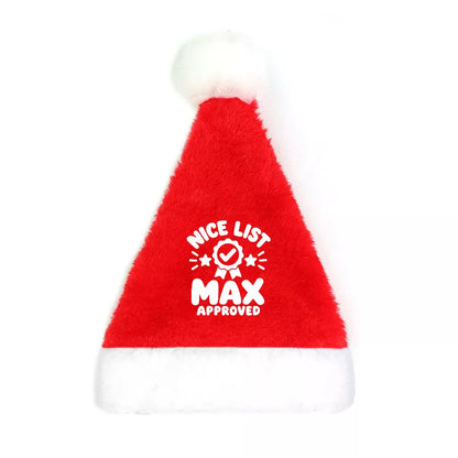 Personalized red pet Santa hat featuring a Nice List Approved badge design with custom pet name for Christmas.