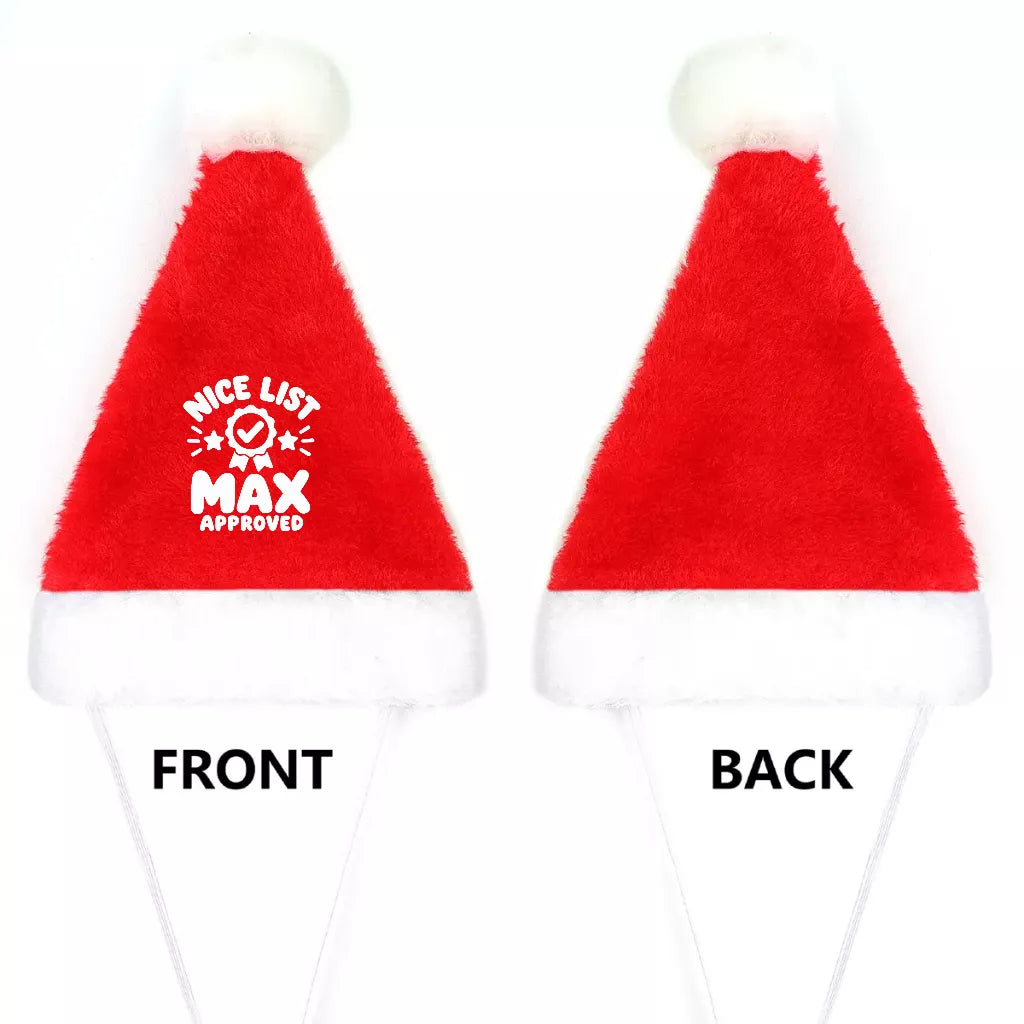 Front and back view of a red plush pet Santa hat with fluffy white trim and personalized Christmas name design.