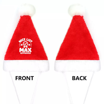 Front and back view of a red plush pet Santa hat with fluffy white trim and personalized Christmas name design.