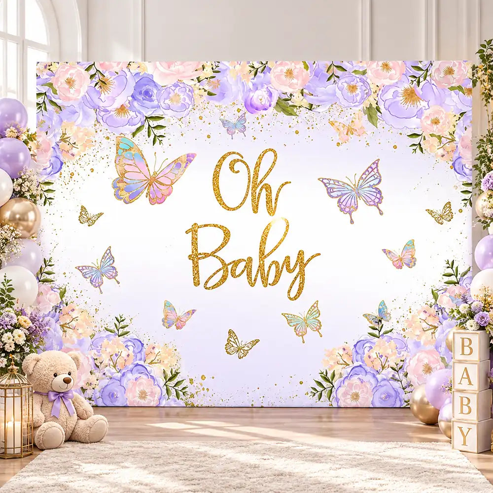 Oh Baby Purple Butterfly Backdrop Floral Newborn Birthday Party Photography Background