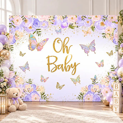 Oh Baby Purple Butterfly Backdrop Floral Newborn Birthday Party Photography Background