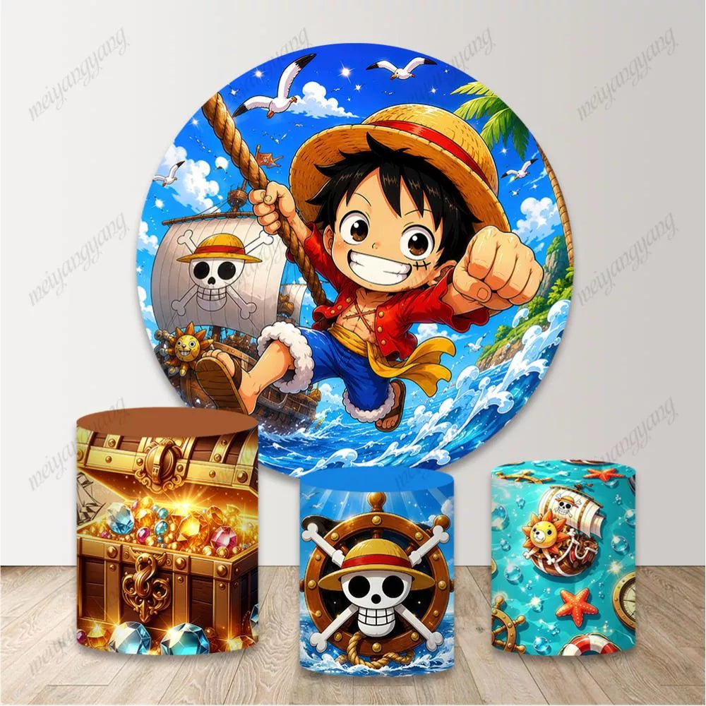 One Piece Luffy Round Backdrop Kids Birthday Baby Shower Cylinder Covers