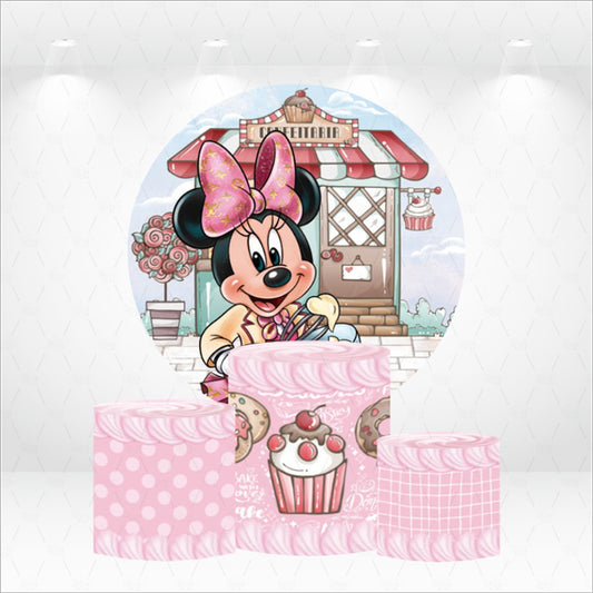 Couverture de plinthe de fond de cercle rond de fête d'anniversaire de filles de Dessert de souris rose