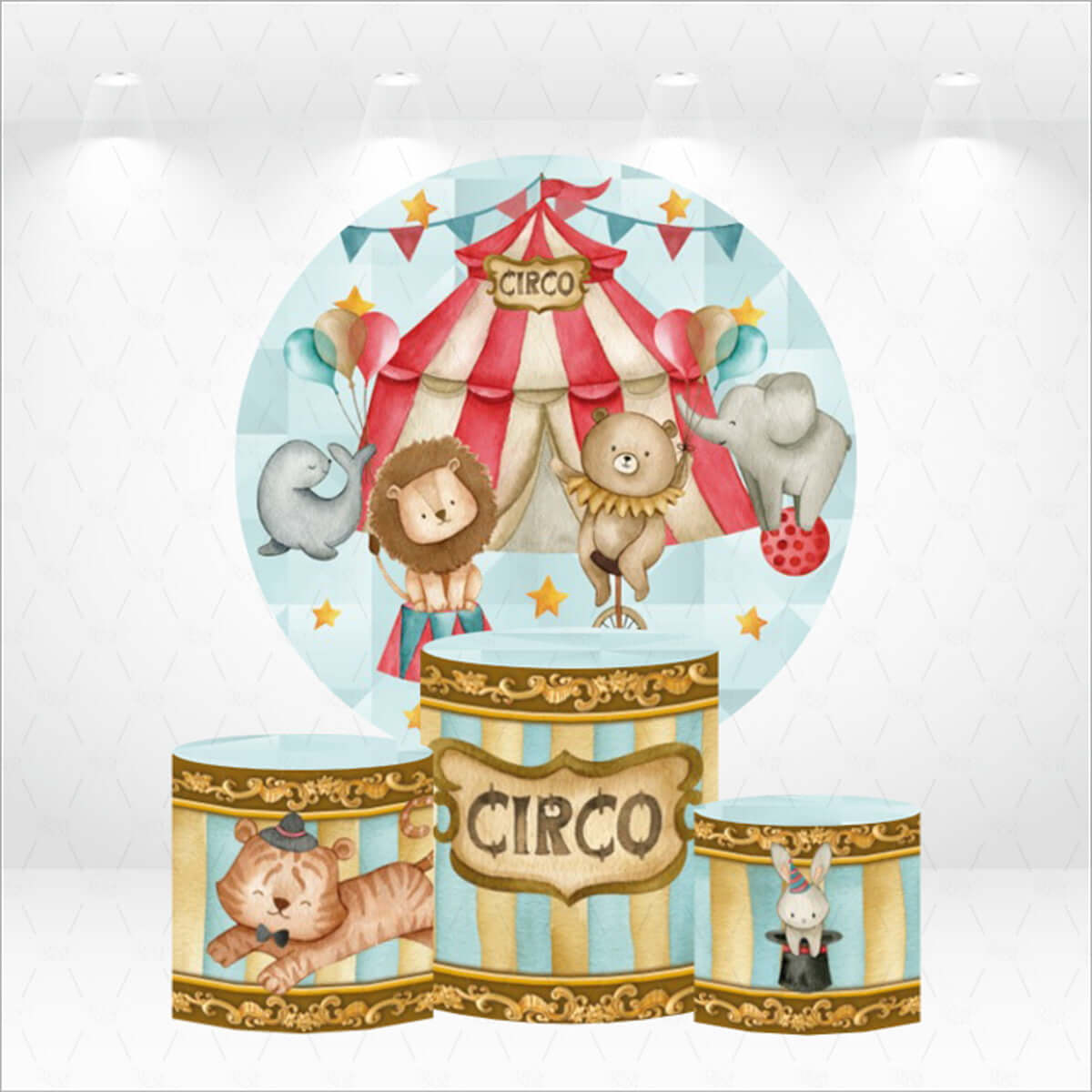 Tente de cirque avec animaux, couverture de fond en cercle rond pour 1er anniversaire, décor de fête