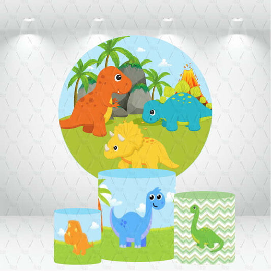 Cartoon Dinosaur Kids Baby Shower Bursdagsfest Rund sirkel bakgrunn