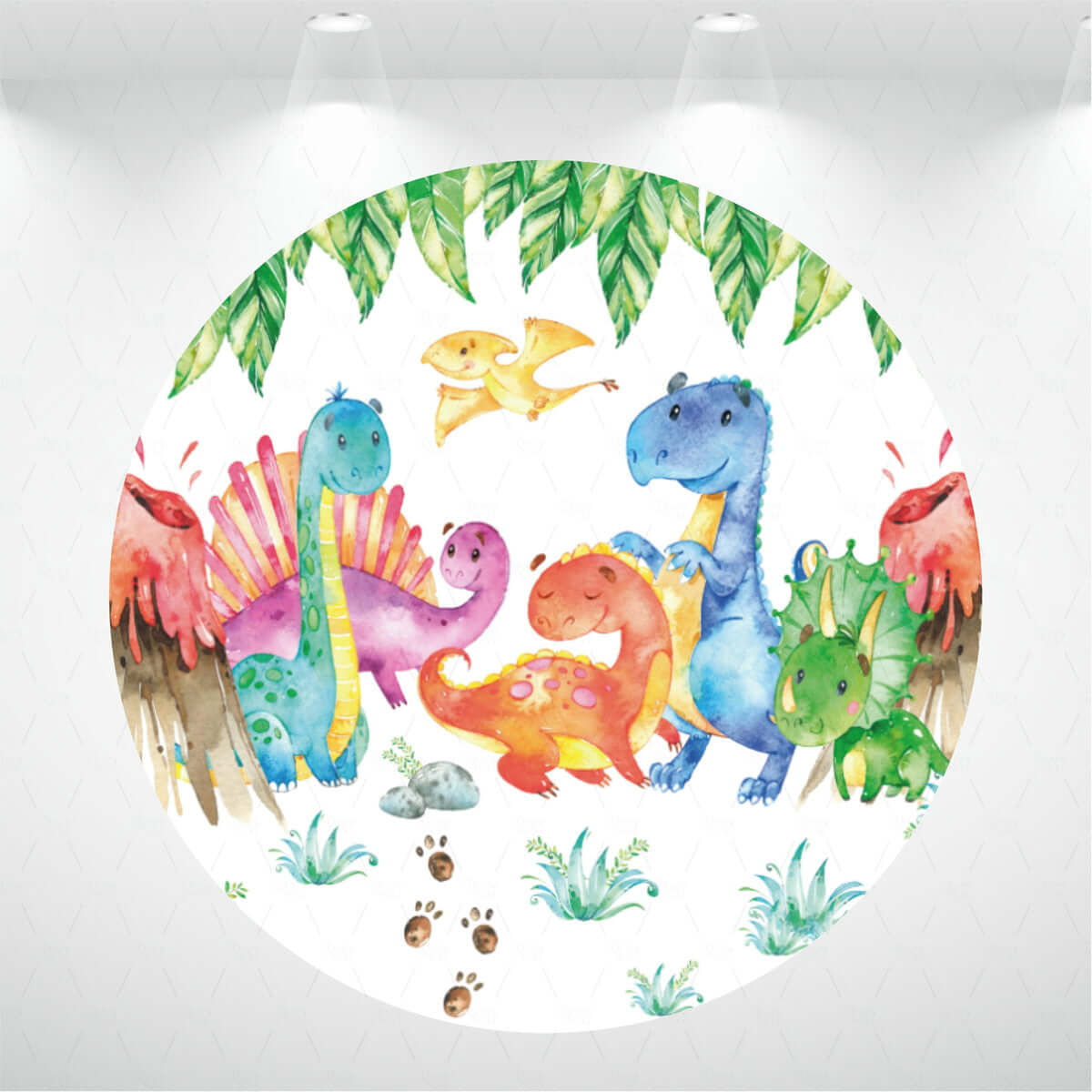 Okrugle pozadine, poklopci cilindra za dječju zabavu za 1. rođendan s dinosaurima