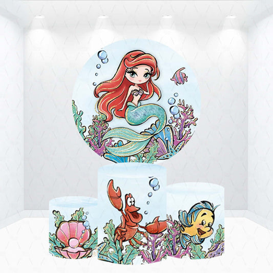 Mermaid Ariel Princess Girls Birthday Party Round Circle Backdrop Cylinder Covers