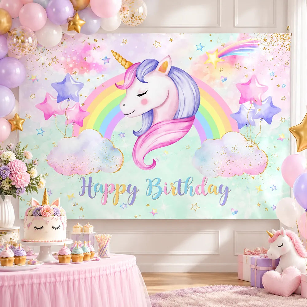 Еднорог парти фон Rainbow Clouds Baby Shower Детски рожден ден Фон за фотография