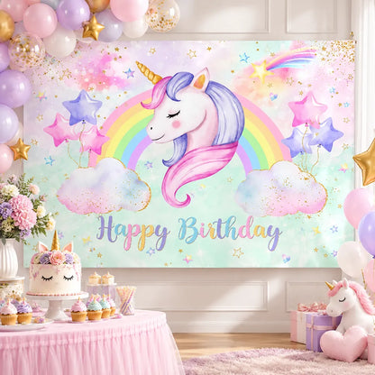 Еднорог парти фон Rainbow Clouds Baby Shower Детски рожден ден Фон за фотография