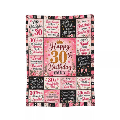 Full view of personalized 30th birthday blanket featuring pink floral panels, birthday quotes and custom name Emily