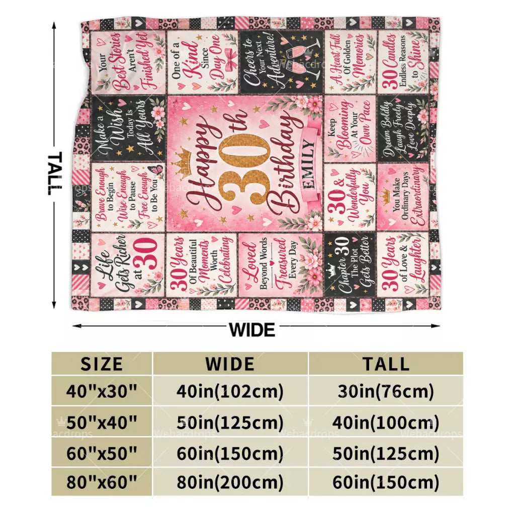 Personalized 30th birthday blanket size guide showing 40x30, 50x40, 60x50 and 80x60 inch options