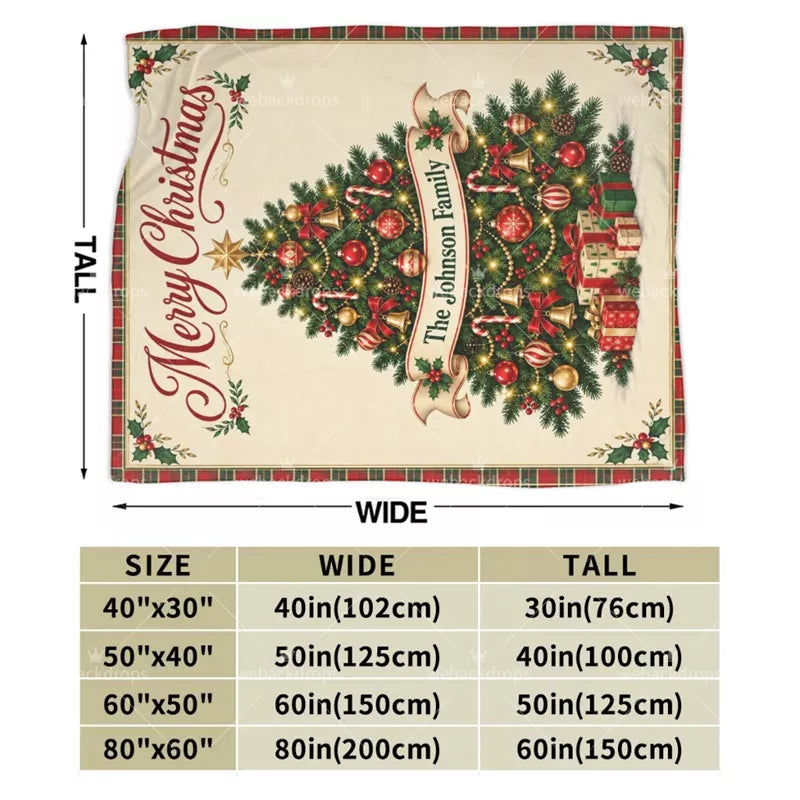 Personalized Christmas blanket size chart showing 40x30, 50x40, 60x50 and 80x60 inch blanket options.