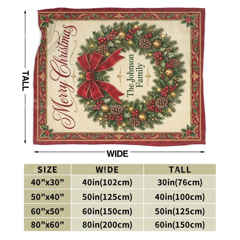 Size guide for personalized Christmas wreath blanket, showing four available sizes from 30 × 40 inches to 60 × 80 inches.