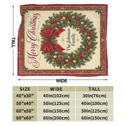Size guide for personalized Christmas wreath blanket, showing four available sizes from 30 × 40 inches to 60 × 80 inches.