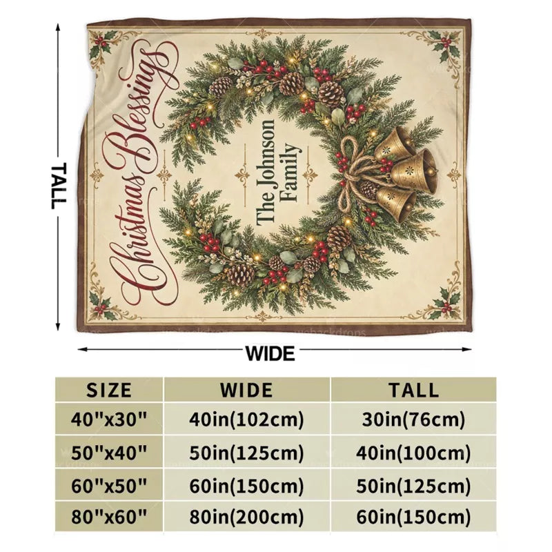 Size guide for a personalized cedar wreath Christmas blanket showing four blanket size options with width and height measurements.