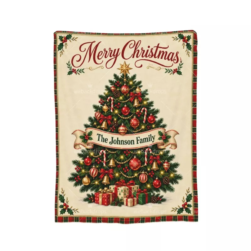 Personalized Christmas blanket with custom family name, Merry Christmas lettering, decorated tree and plaid border.